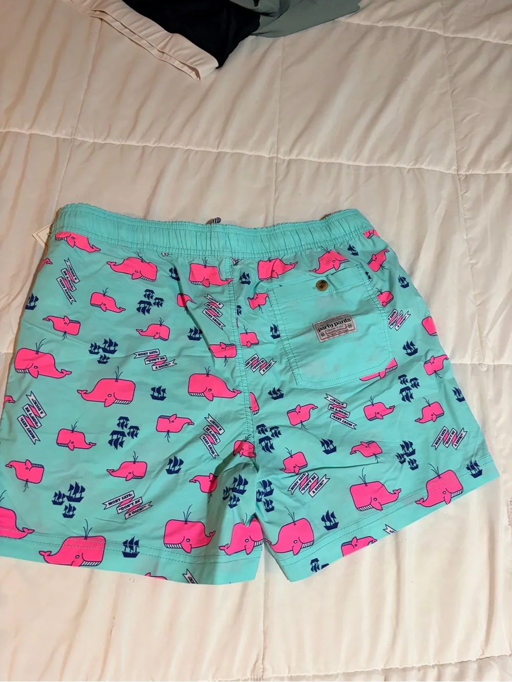Party Pants Whale Print Swim Trunks in Aqua & Pink